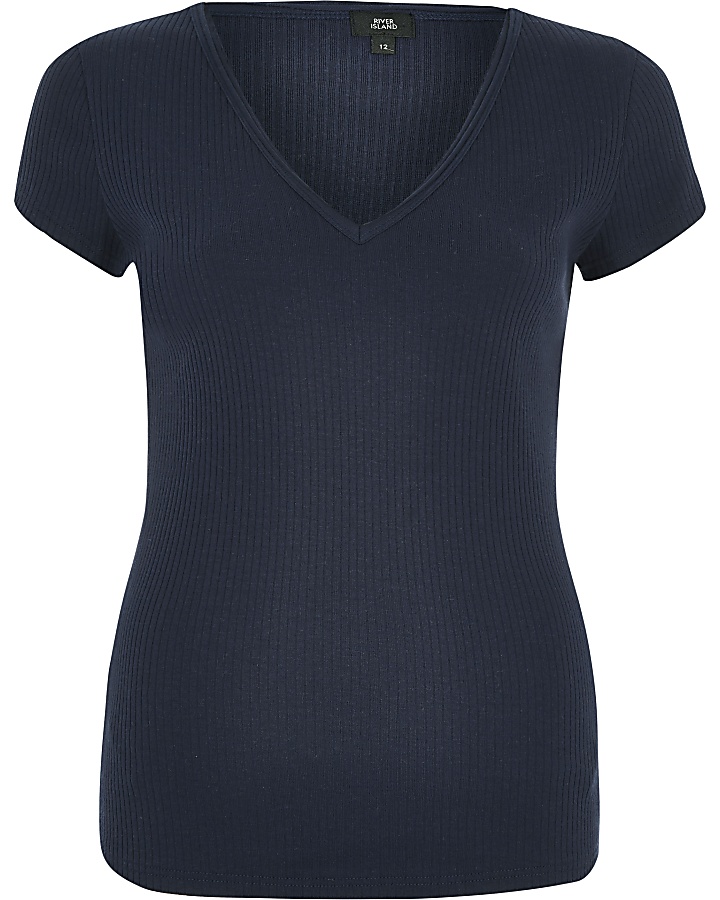 Navy ribbed V neck fitted T-shirt