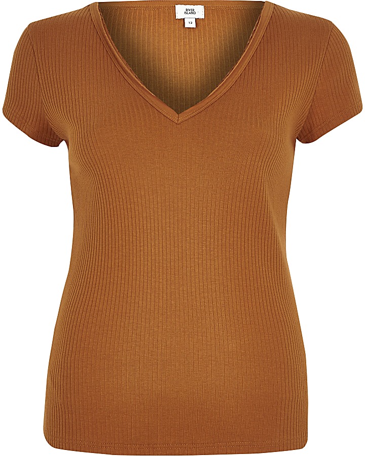 Rust ribbed V neck fitted T-shirt