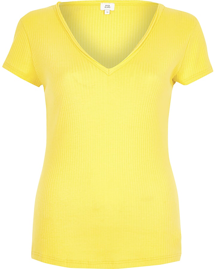 Yellow ribbed V neck T-shirt