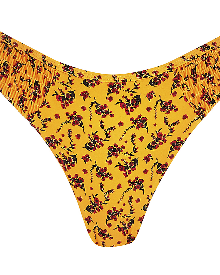 Yellow floral shirred high leg bikini bottom