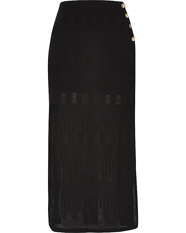 Black button side jersey midi skirt