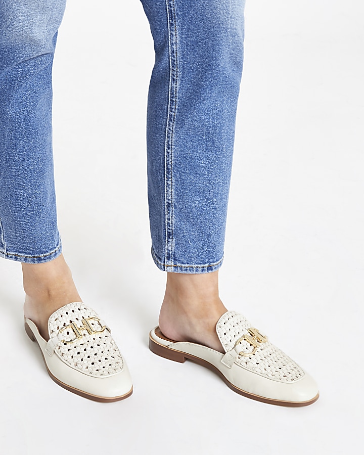 Cream backless leather snaffle loafers
