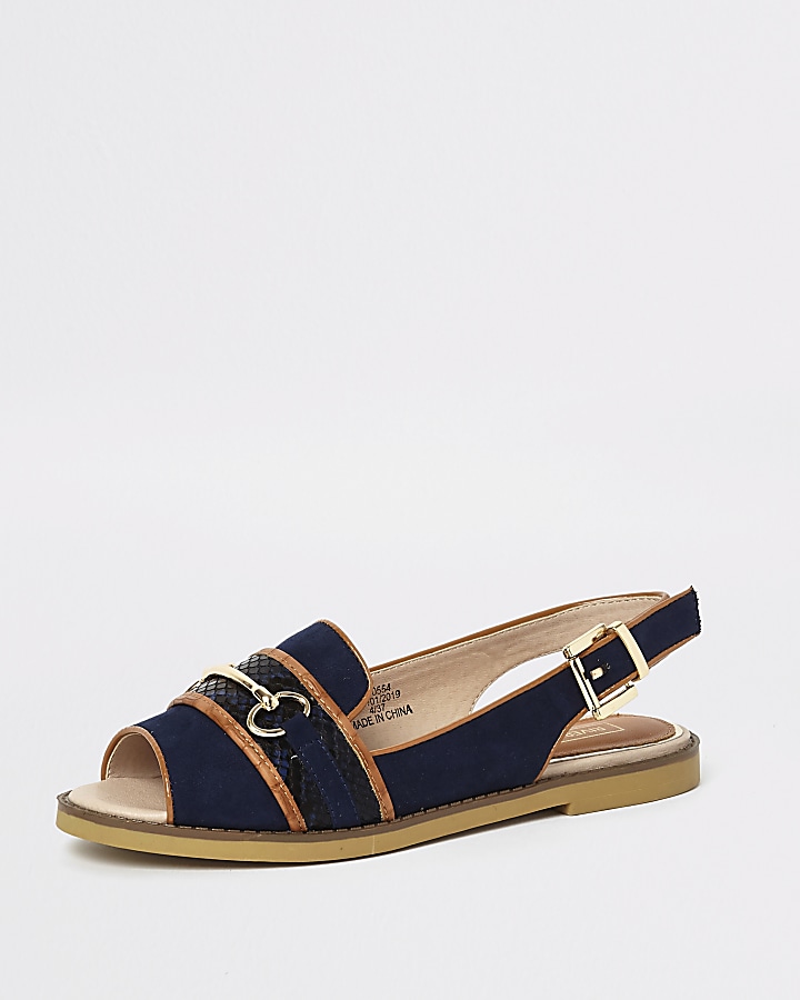 Navy snaffle front peep toe loafers