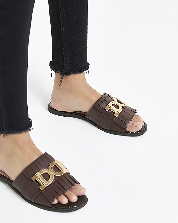 Brown peep toe backless loafers
