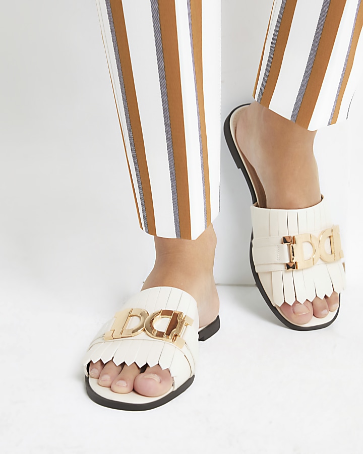 White peep toe backless loafers