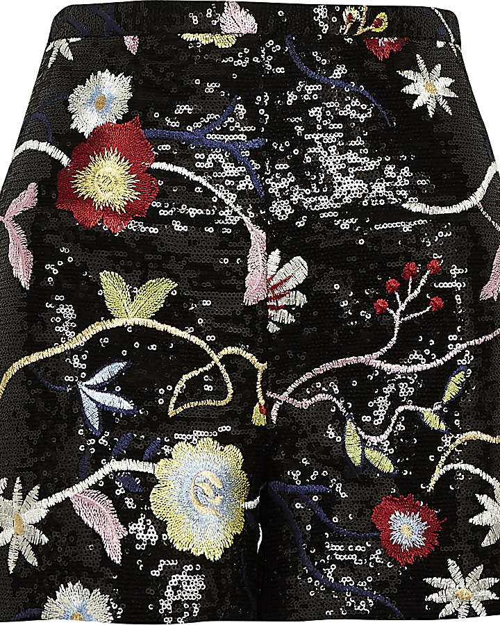 Black floral sequin shorts