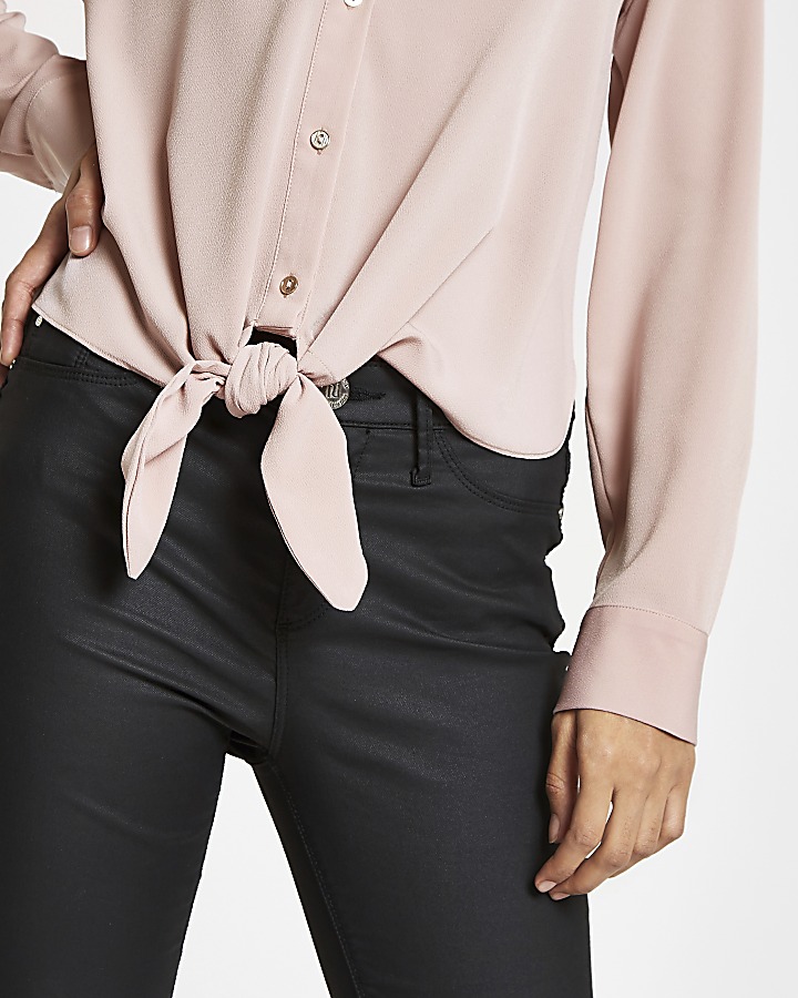 Petite pink tie front long sleeve shirt