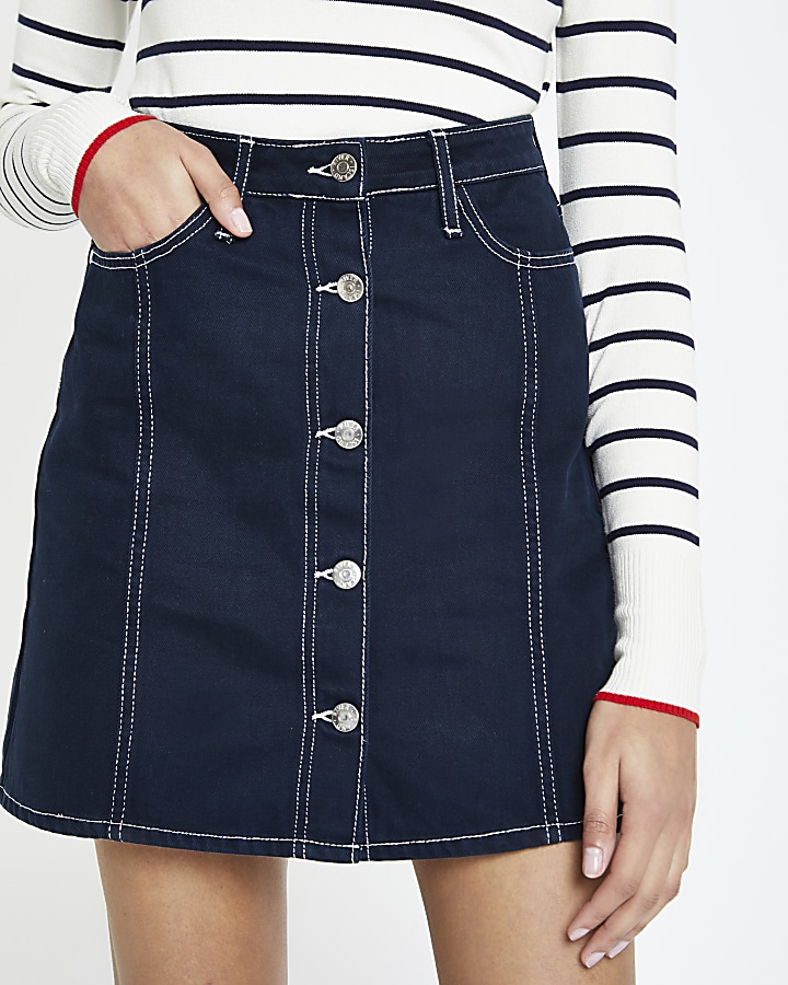 Navy button down denim mini skirt