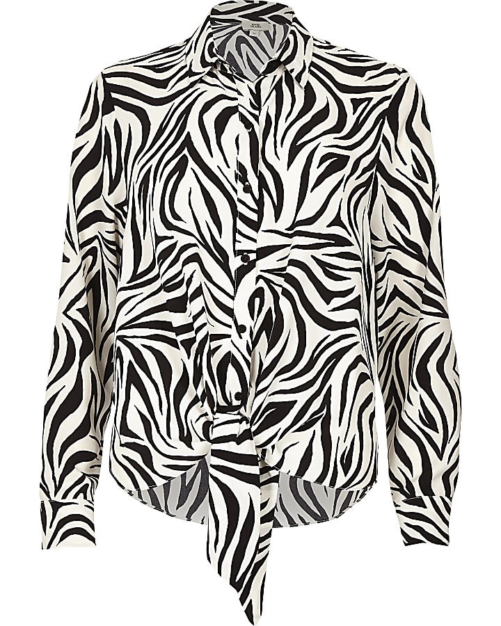 White zebra print tie front shirt