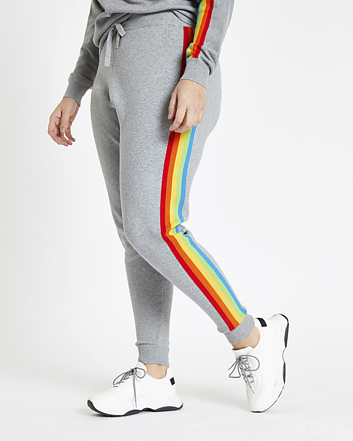 Plus grey rainbow side stripe knitted jogger