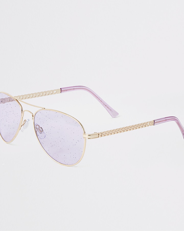 Gold tone glitter lens aviator sunglasses