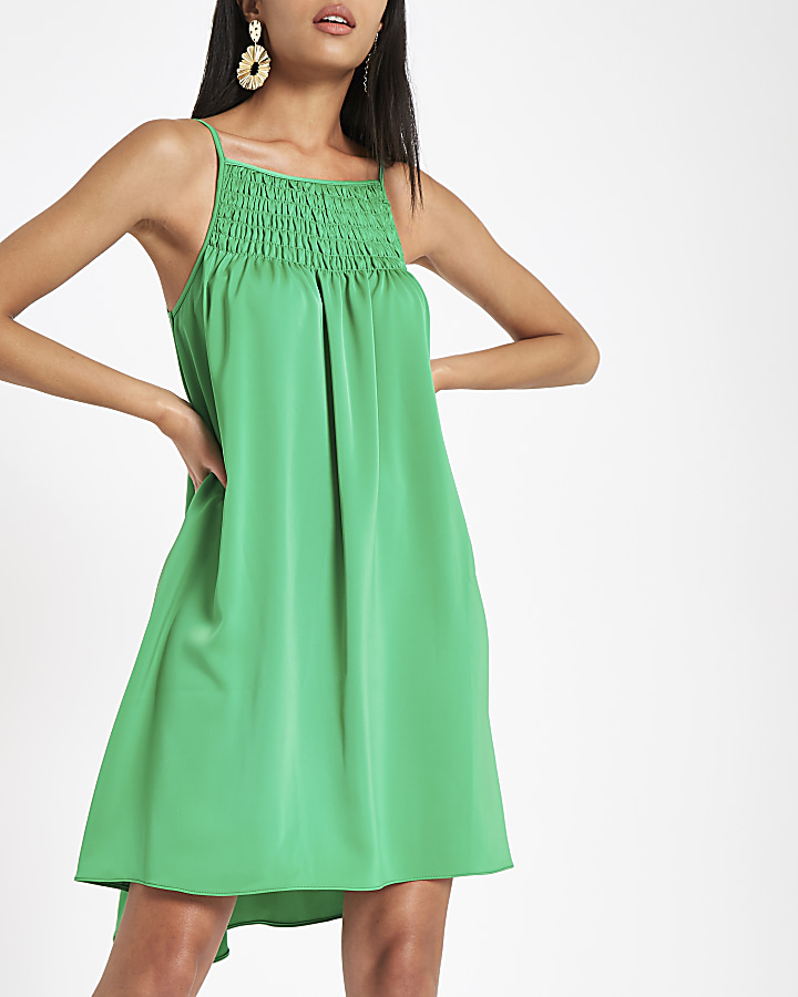 Green ruched cami slip dress