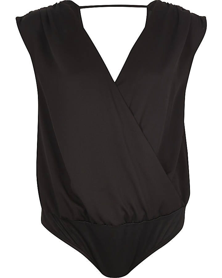 Black wrap front sleeveless bodysuit