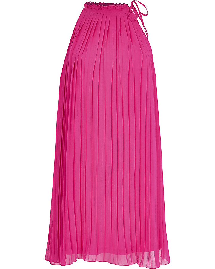 Bright pink pleated halter neck swing dress