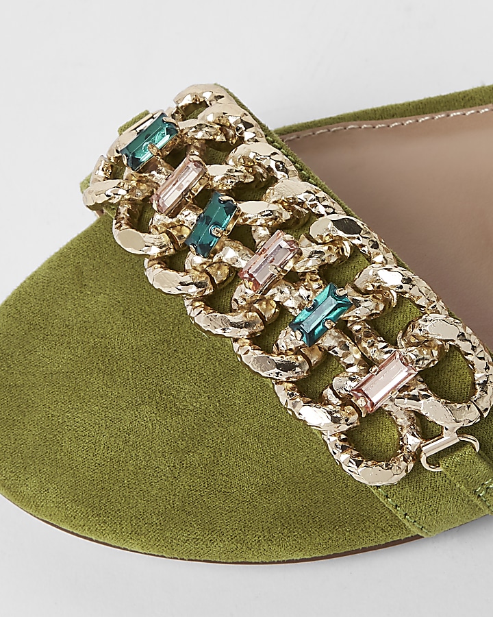 Green gold chain embellished mules