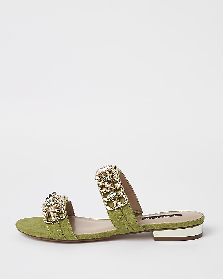 Green gold chain embellished mules