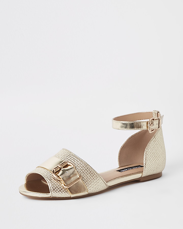 Gold textured ankle strap shoe