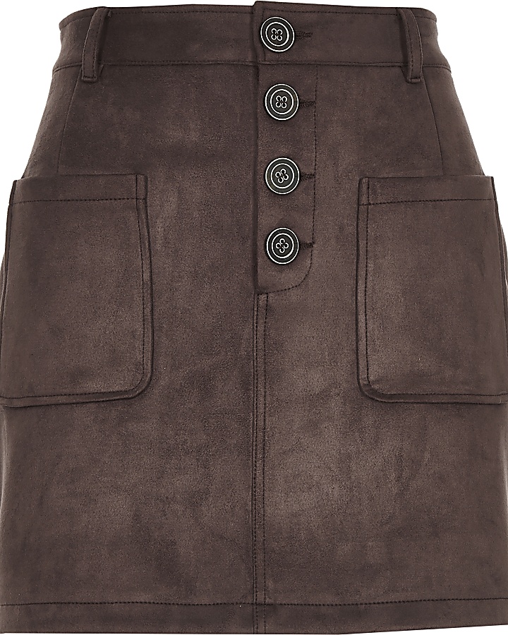 Brown faux suede button front mini skirt