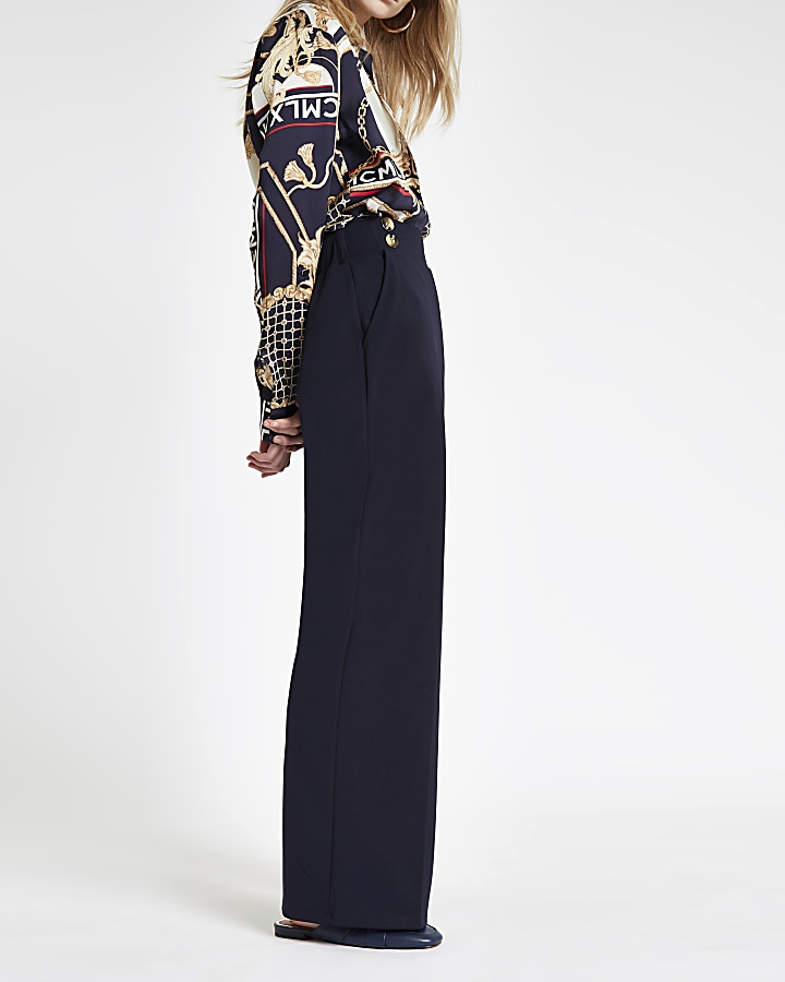 Navy button wide leg trousers