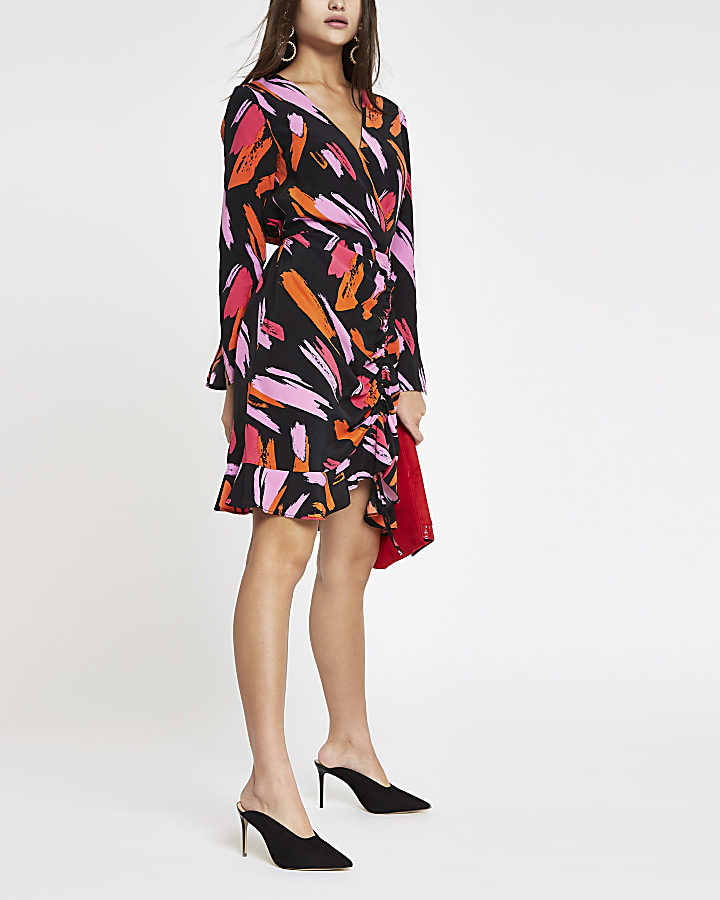 Pink print ruched wrap front dress