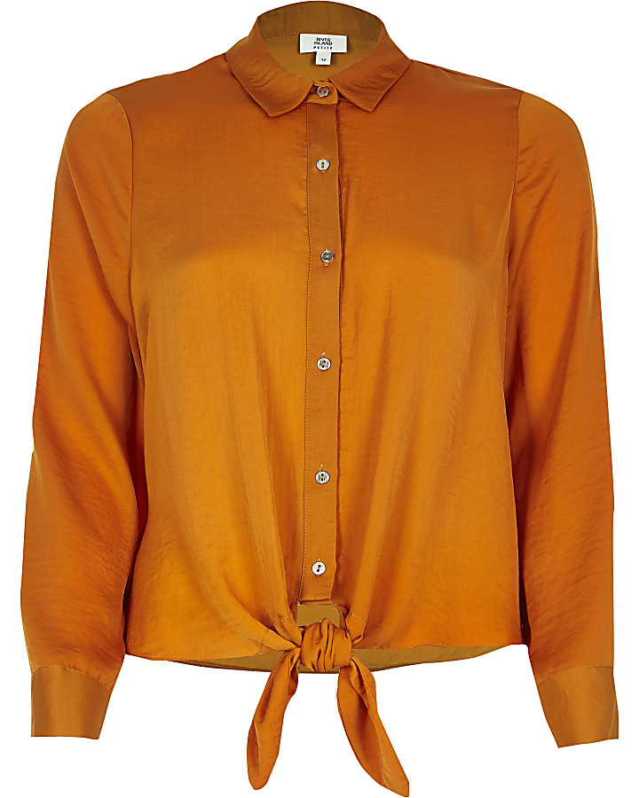 Petite orange tie front long sleeve shirt