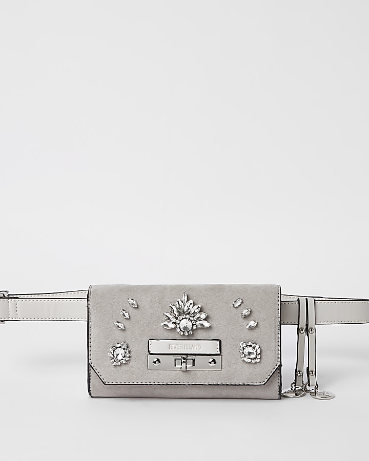 Grey diamante lock front belted bum bag
