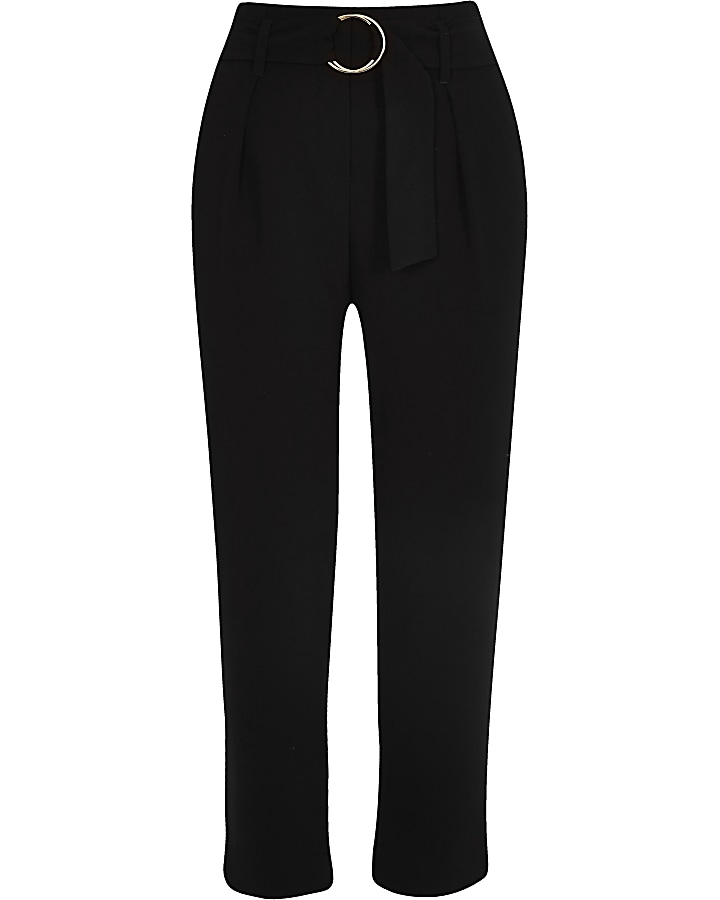 Petite black ring tie belted culottes
