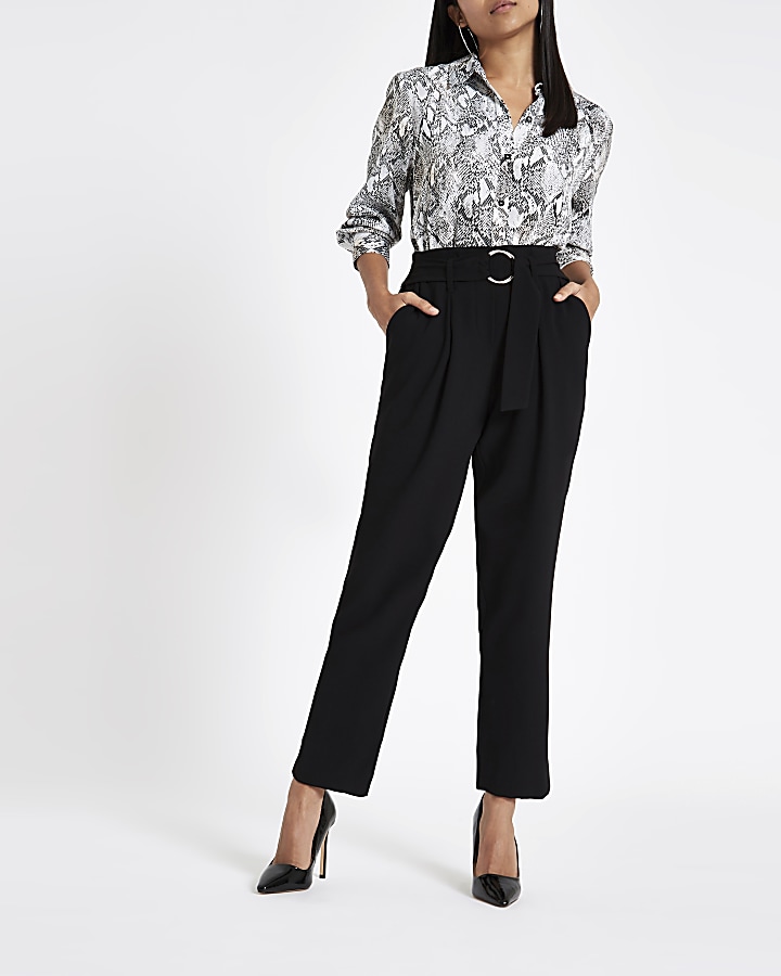 Petite black ring tie belted culottes
