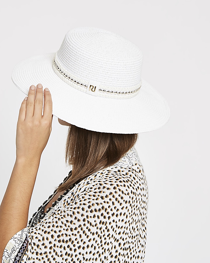 White woven straw gold bead hat