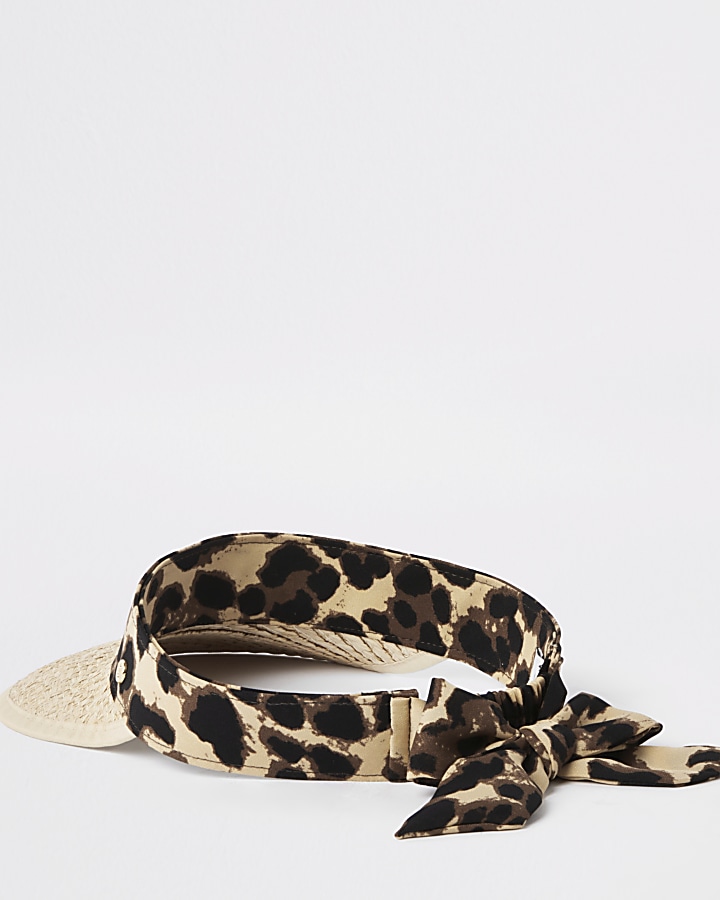 Beige straw leopard print visor hat