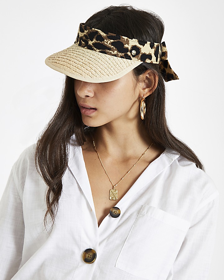 Beige straw leopard print visor hat