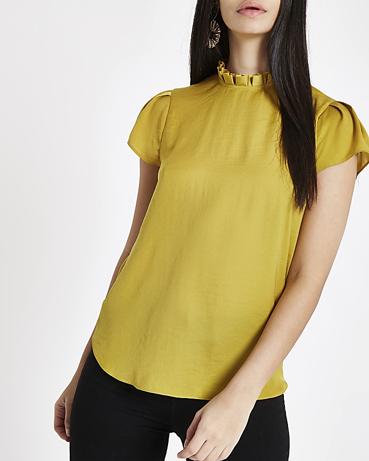 Yellow frill neck shell top