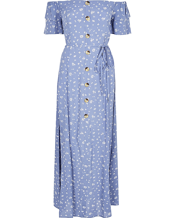 Blue print button bardot maxi dress