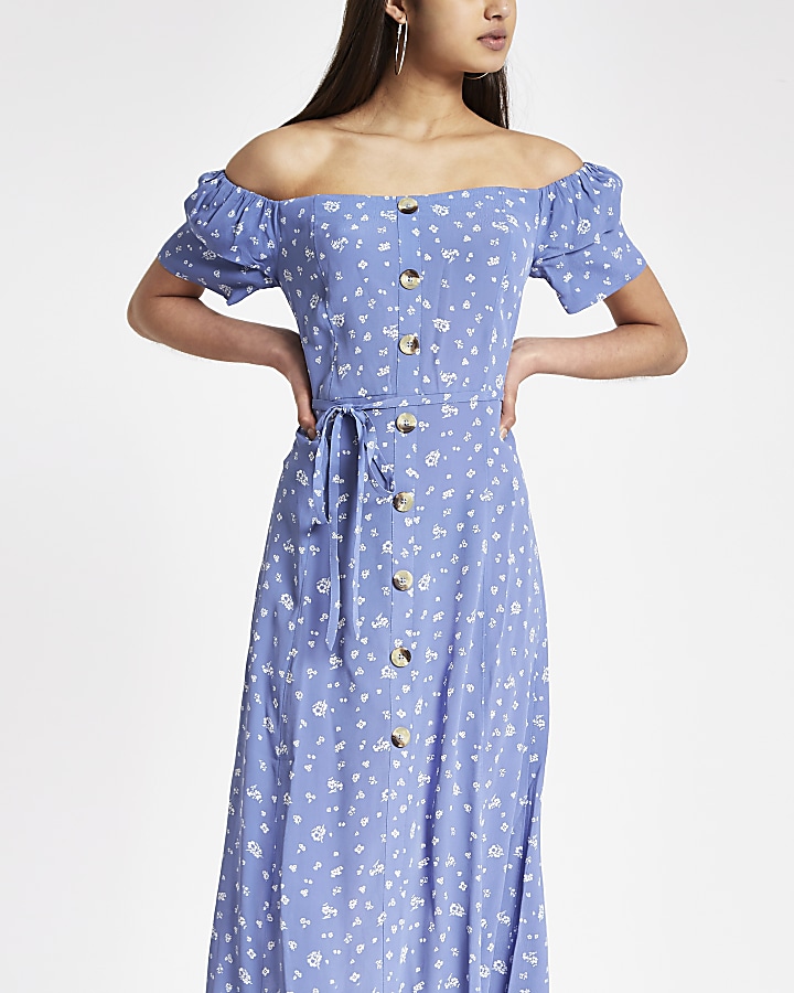 Blue print button bardot maxi dress
