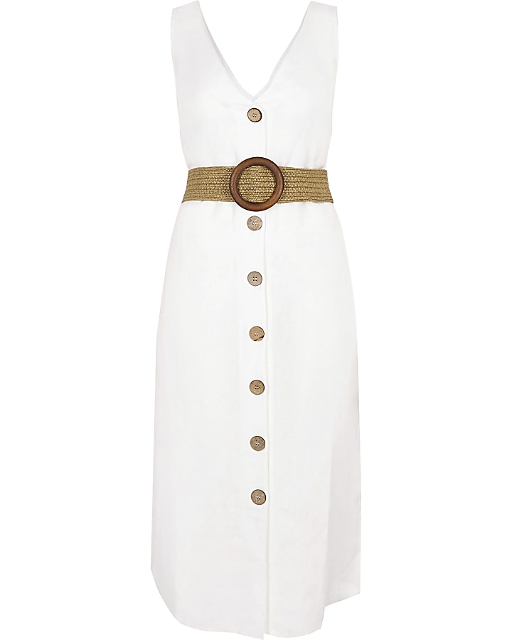 White linen belted button front midi dress
