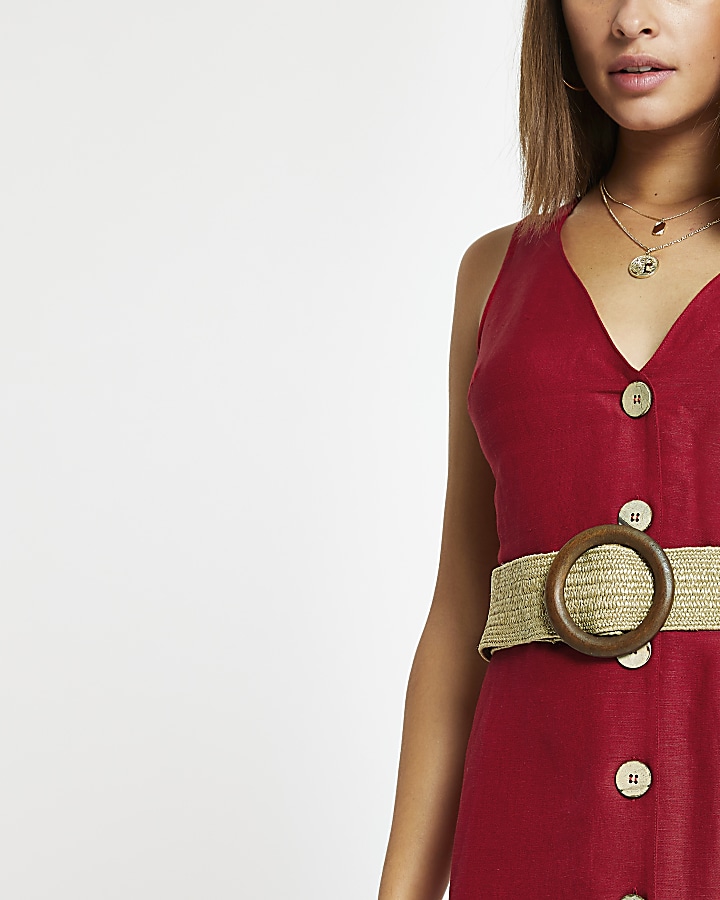 Red belted button front midi dress