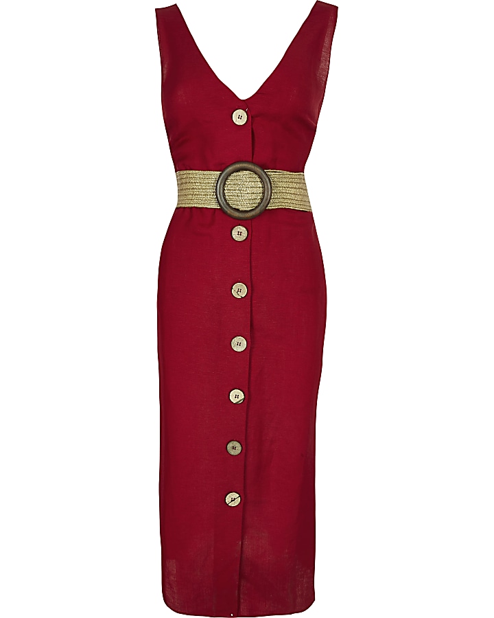 Red belted button front midi dress