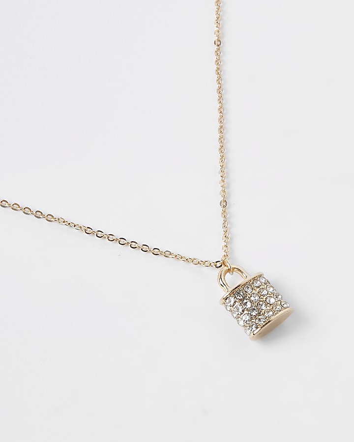 Gold colour diamante paved padlock necklace