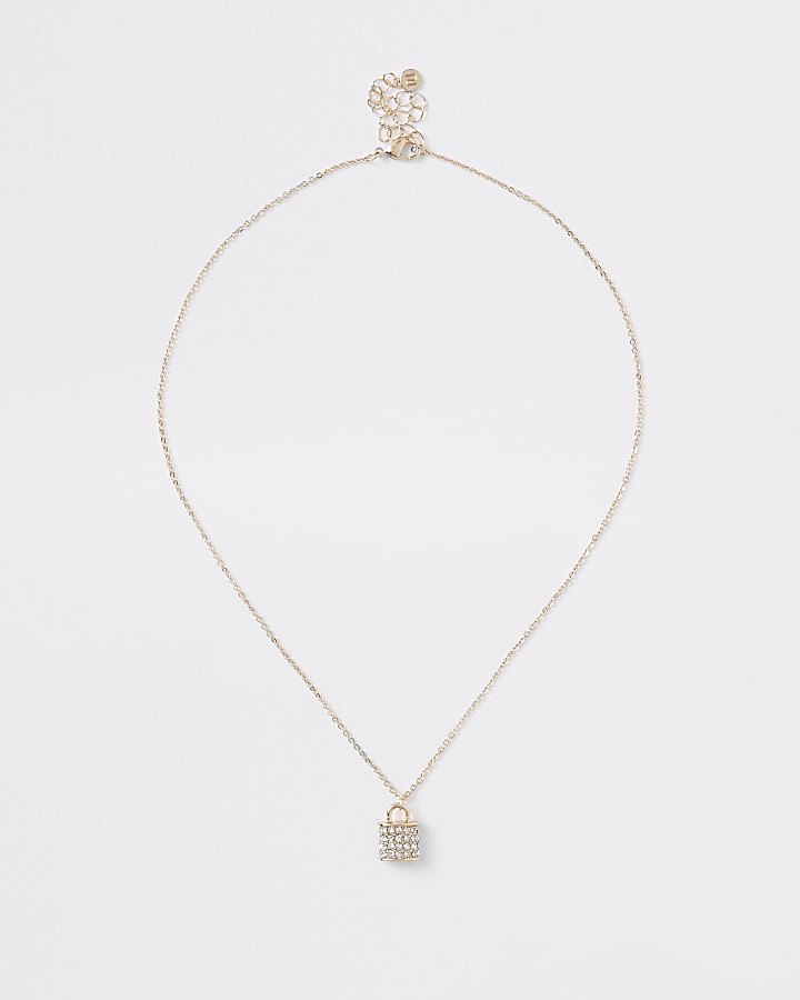 Gold colour diamante paved padlock necklace