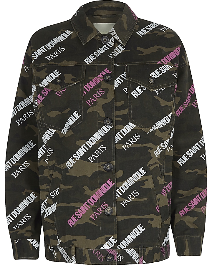 Khaki camo word print army jacket