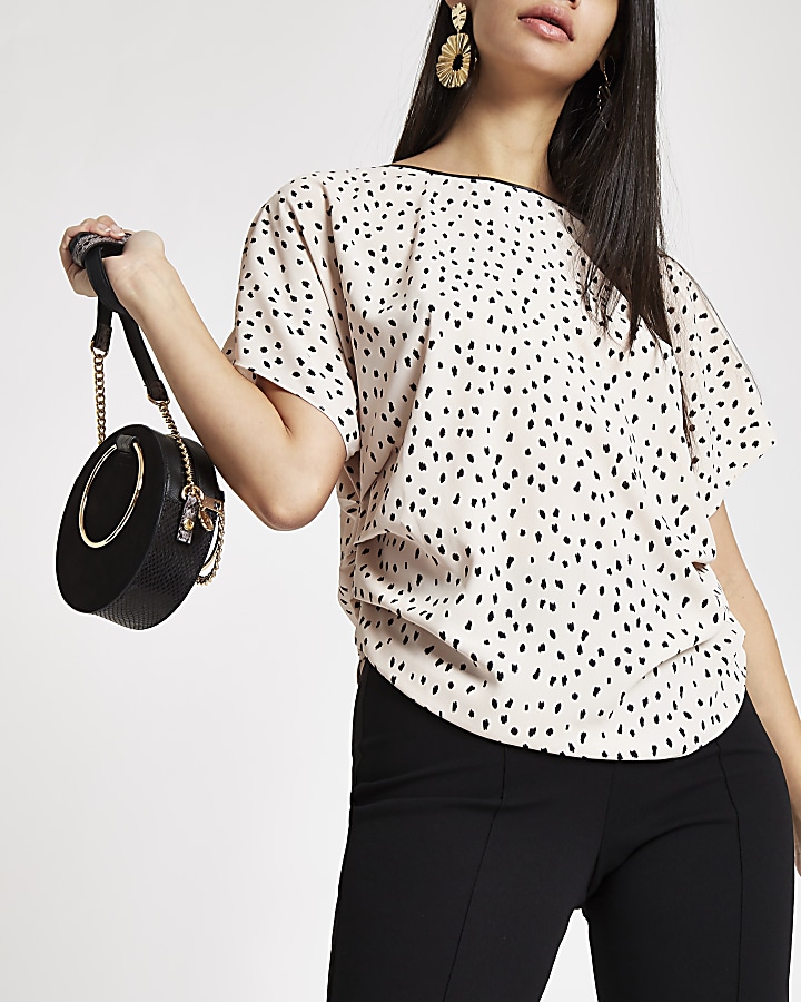 Beige spot print side ruched top