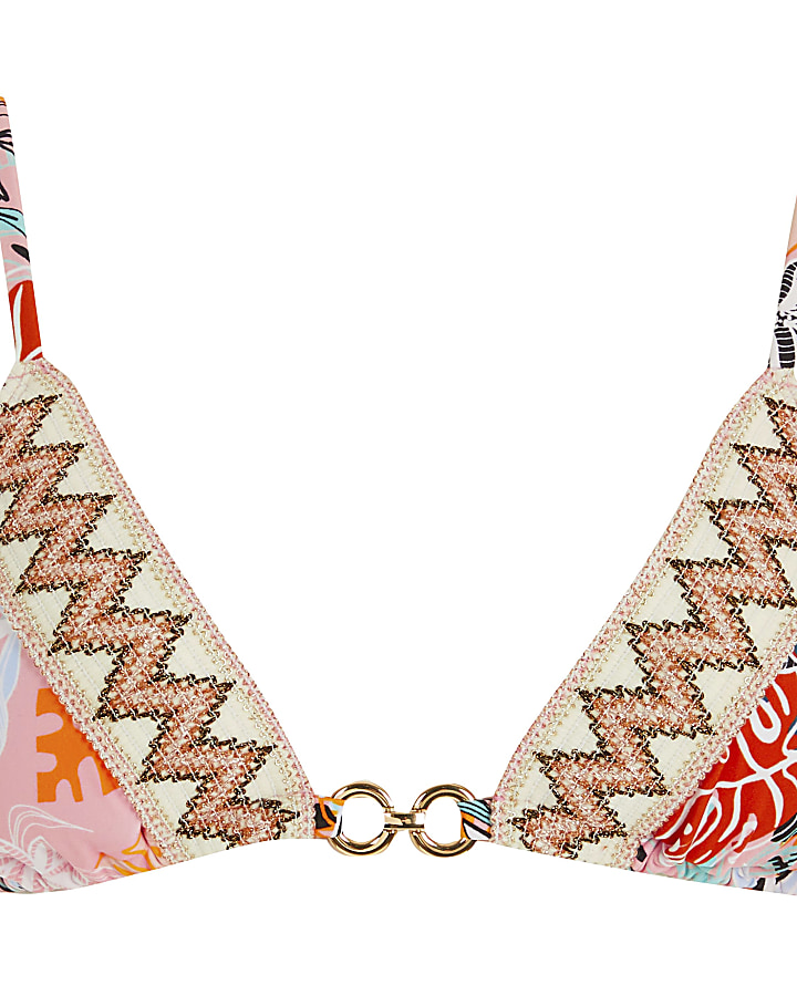 Pink print elastic trim triangle bikini top