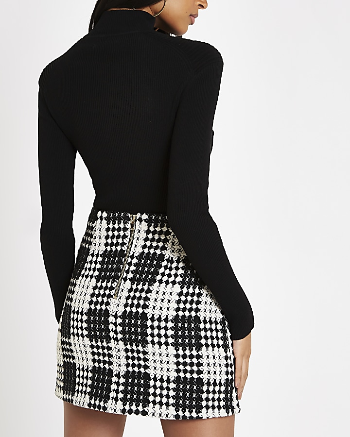 Black check button front mini skirt