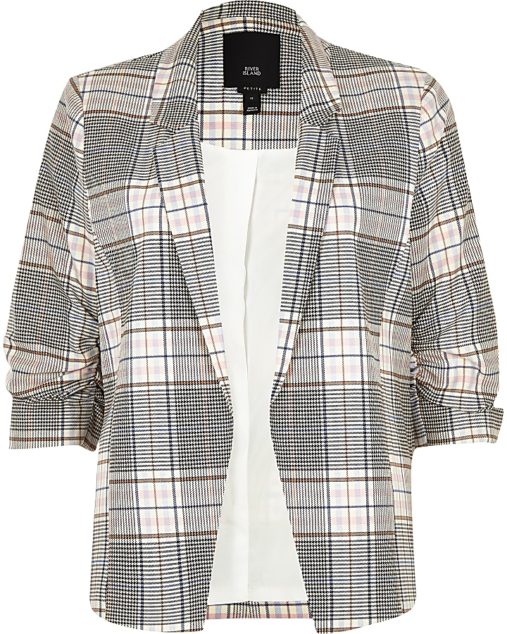 Petite pink check ruched sleeve blazer