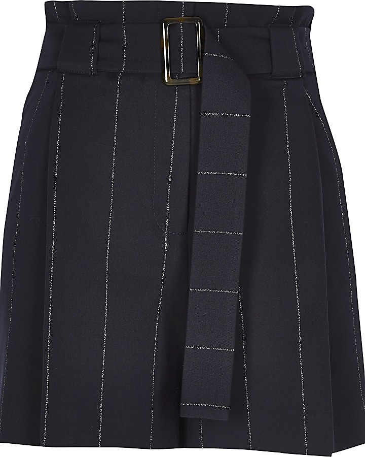 Navy pinstripe belted shorts
