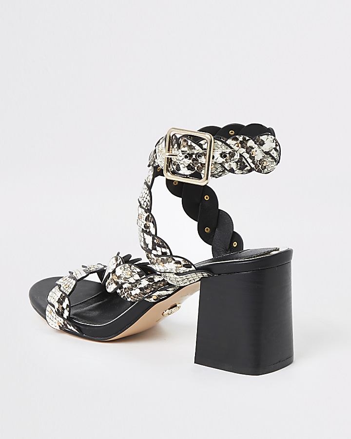 Grey snake print studded block heel sandals