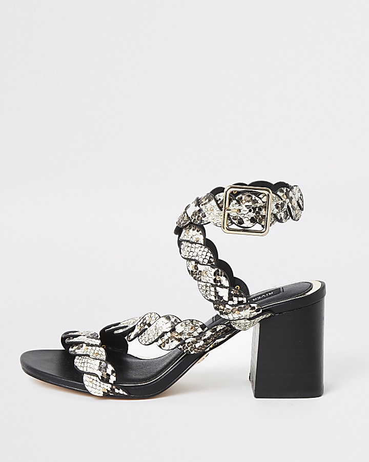 Grey snake print studded block heel sandals