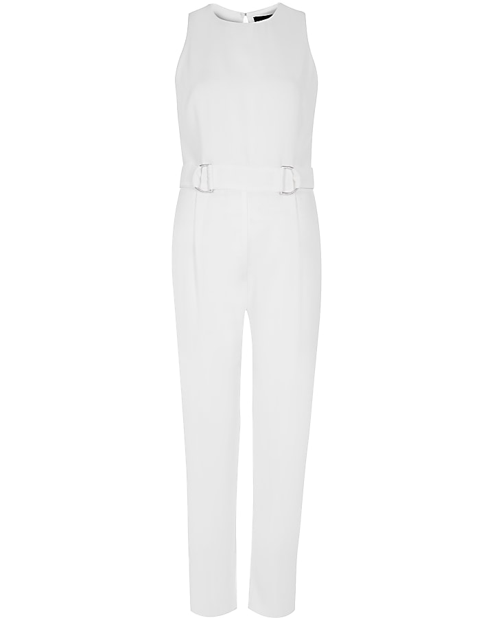 White sleeveless ring waist jumpsuit