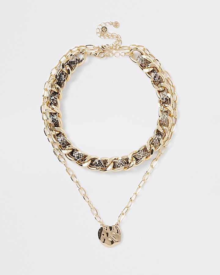 Brown snake print layered choker necklace