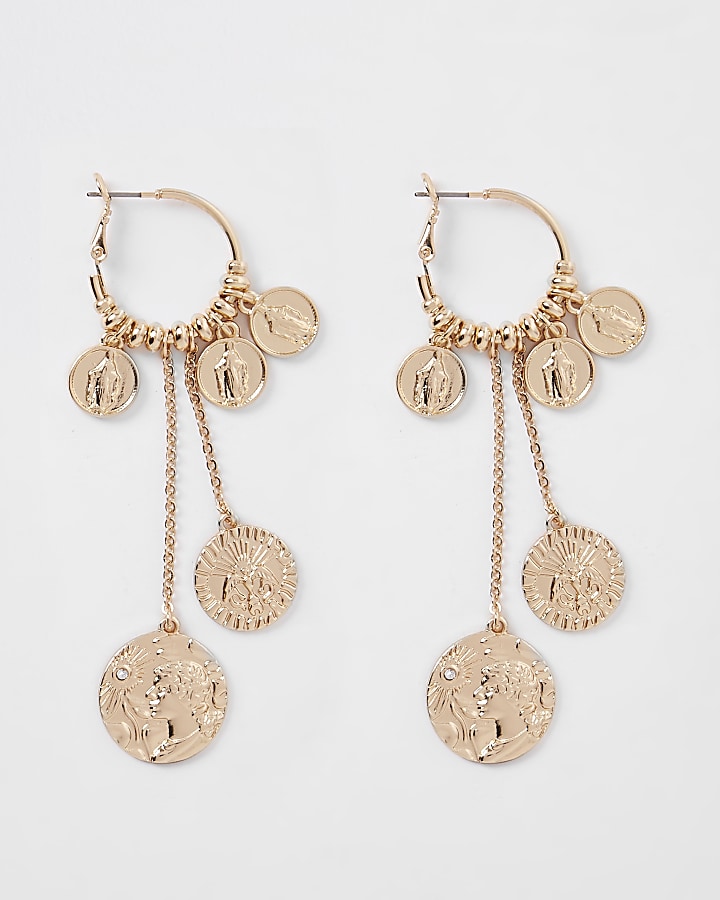 Gold tone coin cluster hoop drop earrings